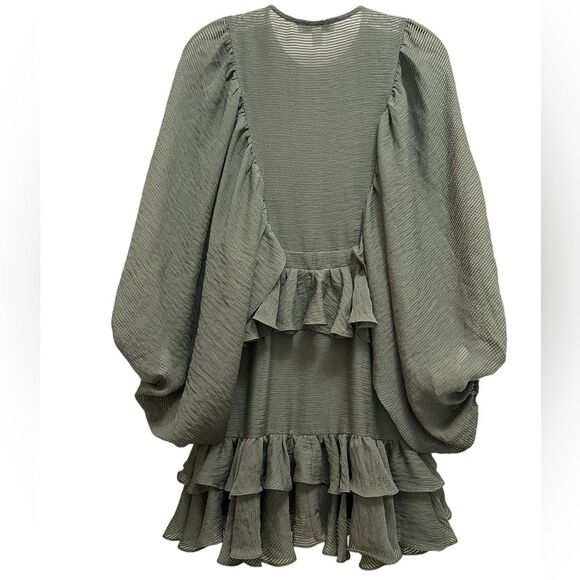 Shona Joy Charlotte Dress Draped Ruffle Balloon Sleeve in Khaki Size 4 - Picture 4 of 11